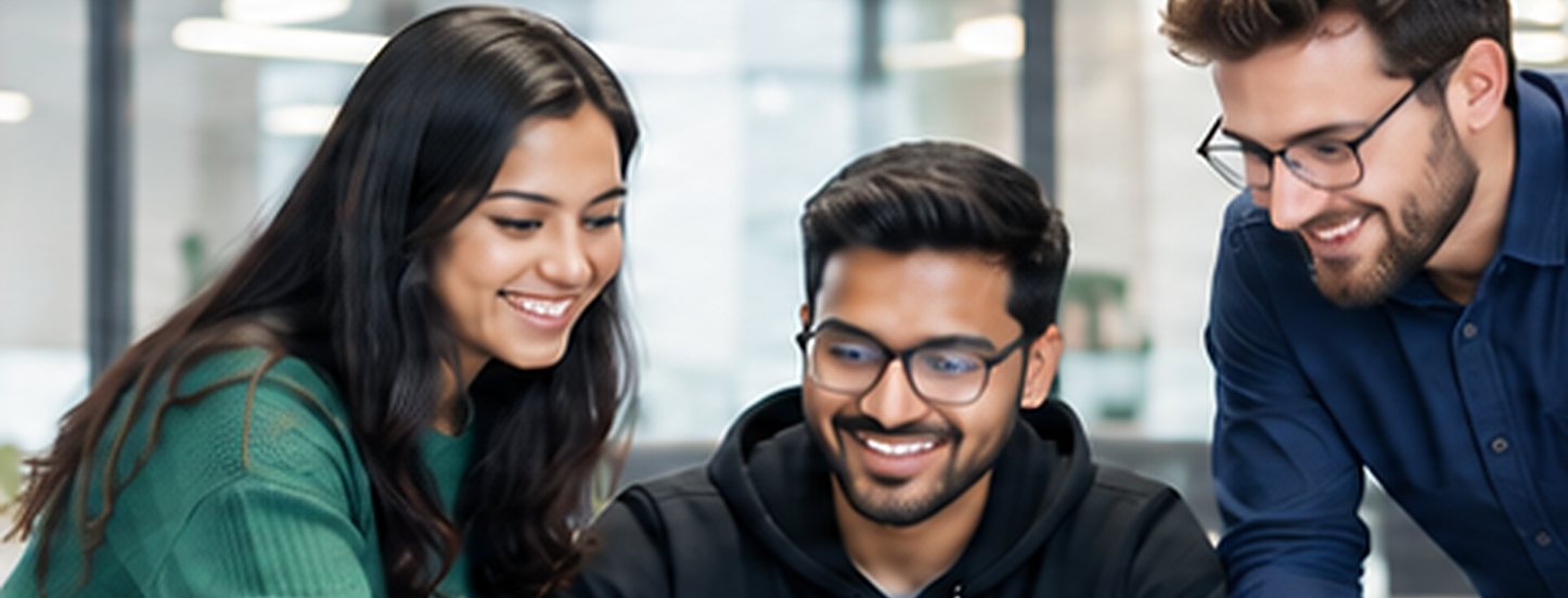Three colleagues smiling while working together at a laptop