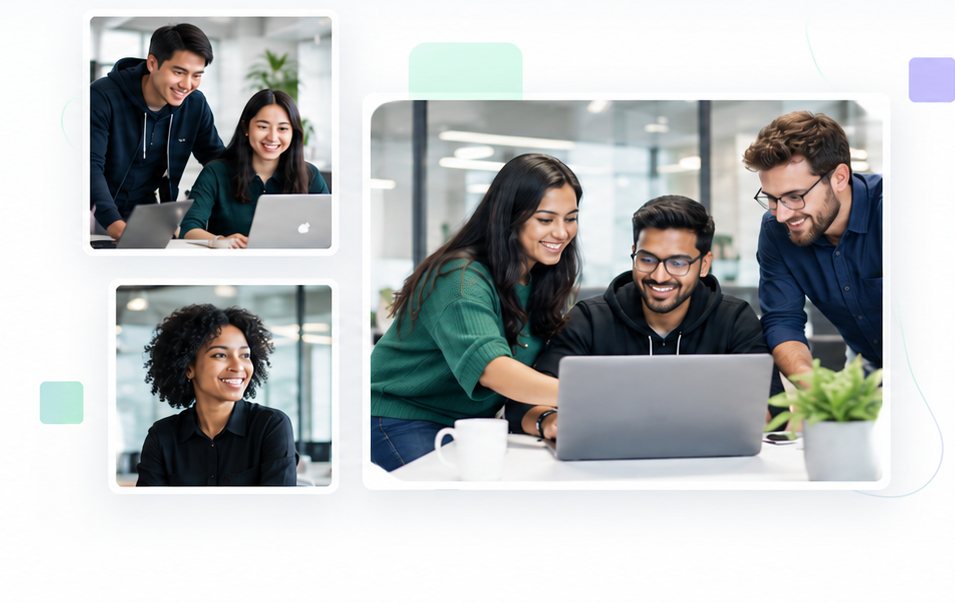 RitzzWeb team collaborating on a laptop in a modern office